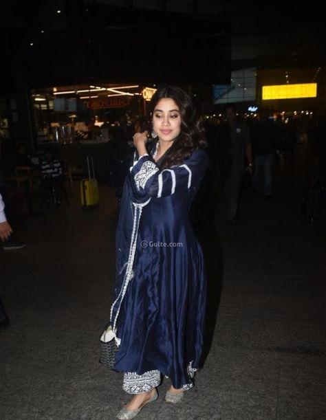 janhvi kapoor in a blue salwar suit at the airport Navy Blue Salwar Suit, Blue Salwar Suit, Mirror Tassels, Embroidered Salwar, Embroidery Mirror, Ethnic Suit, Suit Salwar, Janhvi Kapoor, Latest Designer Sarees