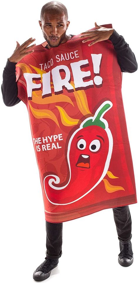 Hot Sauce Costume, Chip Costume, Funny Fire, Taco Costume, Taco Man, Happy Taco, Pose Art, Suit Clothing, Taco Sauce