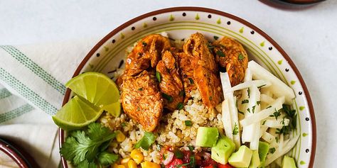 Meal-Prep Chili-Lime Chicken Bowls Recipe | EatingWell Healthy Chicken Bowls, Healthy Burrito Bowl, Grain Bowl Recipe, Chili Lime Chicken, Chicken Bowl Recipe, Chicken Bowls, Make Ahead Lunches, Chicken Bowl, Prepped Lunches