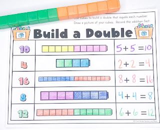 Practice doubles with cubes How To Teach Doubles Facts, Doubles First Grade Math, Addition Doubles Worksheet, Doubles Math Games, Doubles Facts First Grade, Doubles Math Activities, Doubles Plus One Anchor Chart, Doubles Facts Anchor Chart, Doubles Anchor Chart