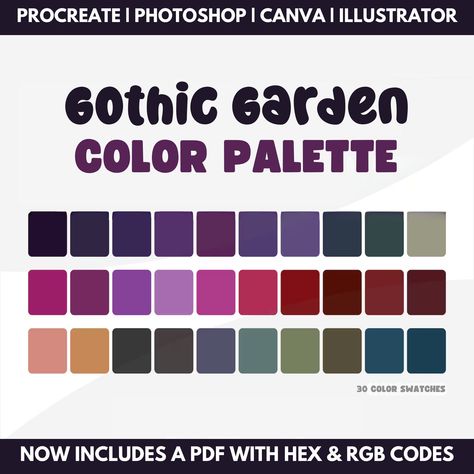 Enter the mysterious world of the "Gothic Garden Color Palette," a cool digital color palette made just for you! It's perfect for digital artists, creatives, and graphic designers who love gothic art and design. Make your digital art pop with dark, magical colors inspired by spooky gardens. 🖤🌹 ✨ What's Included: PDF with hex codes and RGB list for universal use Procreate swatches file for iPad users .ASE file for Photoshop and Illustrator enthusiasts 🥀 Perfect for: Gothic-themed designs Dark Goth Color Palette, Gothic Color Palette, Garden Color Palette, Color Palette With Hex Codes, Rgb Code, Procreate Ipad Art, Color Palette Challenge, Hex Codes, Color Palette Design