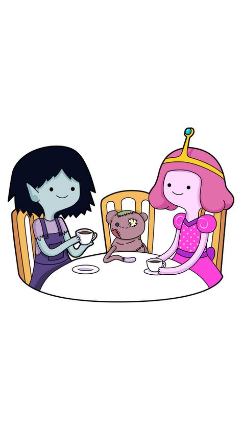 The cute vampire queen Marceline and pretty pink princess Bubblegum decided to have a tea party with small cups and a teddy bear. The cartoon sticker from Adventure Time with Tea Party Marceline and... Pb And Marceline Tattoo, Princess Bubblegum Tattoo, Adventure Time Marceline And Bubblegum, Marceline Sticker, Adventure Time Style, Cute Vampire, Adventure Time Princesses, Vampire Party, Marceline And Princess Bubblegum