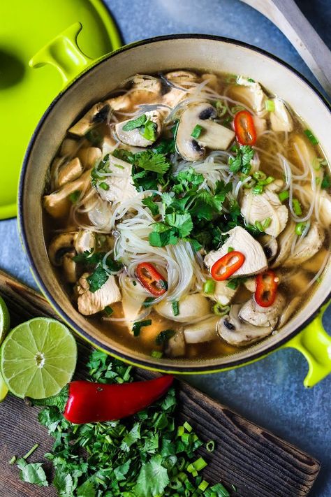 A delcious recipe for Thai Chicken Noodle soup with a fragrant Lemongrass and Ginger broth. Thai Chicken Noodle Soup, Thai Chicken Noodles, Feasting At Home, Thai Chicken, Asian Foods, Fun Foods, Think Food, Chicken Noodle Soup, Bowl Of Soup