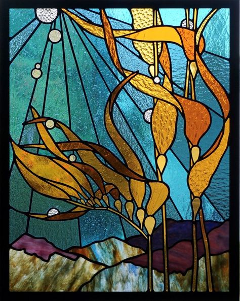 Kelp forest stained glass panel Stained Glass Seaweed, Fish Stained Glass Window, Underwater Stained Glass Pattern, Ocean Themed Stained Glass Window, Ocean Stained Glass Window, Stained Glass Underwater, Stained Glass Seahorse, Octopus Stained Glass Pattern, Gothic Stained Glass Art