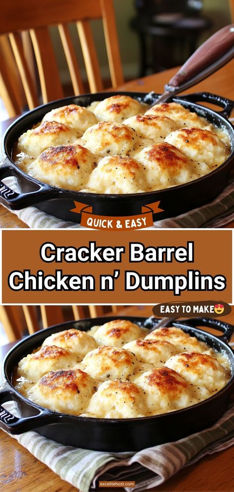 Few dishes bring as much warmth and nostalgia as Cracker Barrel Chicken n’ Dumplins. This hearty Southern classic is a go-to comfort food, featuring tender chicken simmered in a flavorful broth with soft, homemade dumplings. Perfect for family dinners or when you need a satisfying, homemade meal, this recipe captures the cozy charm of Cracker Barrel right in your kitchen. Cracker Barrel Chicken And Dumplings Recipe, Cracker Barrel Chicken And Dumplings, Cracker Barrel Chicken, Cracker Barrel Recipes, Drinks Nonalcoholic, Chicken Dumplings Recipe, Chicken And Dumplings Recipe, Dumplings Recipe, Dumpling Recipe