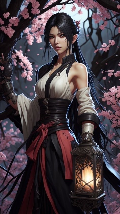 Asian Dnd Character, Asian Female Character Design, Japanese Priestess, Elf Priestess, Elves Female Beautiful, Monk Dnd, Dnd Elves, Female Samurai, Female Elf