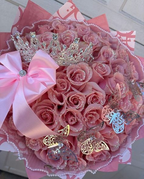 Office Birthday Party, Ribbon Rose Bouquets, Roses Bouquet Gift, Quinceanera Pink, Pink Sweet 16, Pink Quince, Luxury Flower Bouquets, Roses Art, Quinceanera Dresses Pink