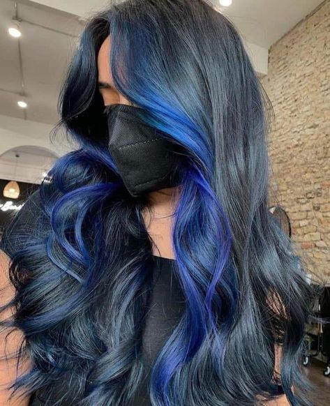 Colored Hair For Light Brown Hair, Black Hair Blue Money Piece, Blue Money Piece Hair, Blue And Black Hair, Blue Brown Hair, Dyed Hairstyles, Dream Hairstyles, Royal Blue Hair, Blue Hair Highlights