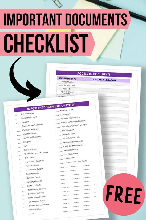 Filing Categories, Emergency Binder Free Printables, Organization Categories, Important Documents Binder, Home File Organization, Document Checklist, Organizing Important Papers, Paper Clutter Organization, Estate Planning Checklist