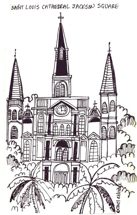 French Quarter Art, St Louis Cathedral, New Orleans Art, Memphis Tennessee, Usa Art, Iconic Buildings, Graceland, Time Capsule, Coloring Sheets