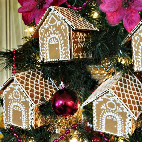 Mark Montano: Pattern for Gingerbread House Ornament Gingerbread House Ornaments, Cardboard Gingerbread, Gingerbread House Ornament, Cardboard Gingerbread House, Gingerbread Christmas Decor, Ornament Template, Gingerbread Ornaments, German Christmas, Gingerbread Houses