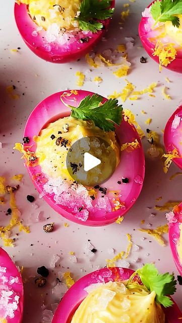 Carolina Gelen on Instagram: "follow @carolinagelen for more recipes   PINK DEVILED EGGS - bright, vibrant pink eggs with a creamy spicy filling, you won’t be able to stop yourself from eating these  Ingredients (4-6 servings)  8 to 10 eggs 2 cups leftover beet juice/brine from canned beets  Filling  8-10 yolks Two large dollops of mayo, plus more as needed 1 to 2 teaspoons grated horseradish 1/2 teaspoon cayenne  1 garlic clove, minced   Topping  Salt Black pepper Citrus zest Herbs of choice   Instructions   1. Bring a pot of water to a boil. Add the eggs and boil on medium heat, for 10-12 minutes.   2. Add the eggs to an ice bath, then carefully peel them.   3. Add the beet brine to a larger container. Add the eggs to the container. Chill in the fridge for at least 4-5 hours, preferably Pink Deviled Eggs, Red Beet Deviled Eggs, Pink Devilled Eggs, White Tulip Deviled Eggs, Deviled Eggs With Salmon Roe, Canned Beets, Easter Apps, Pink Eggs, Easter Appetizers Easy