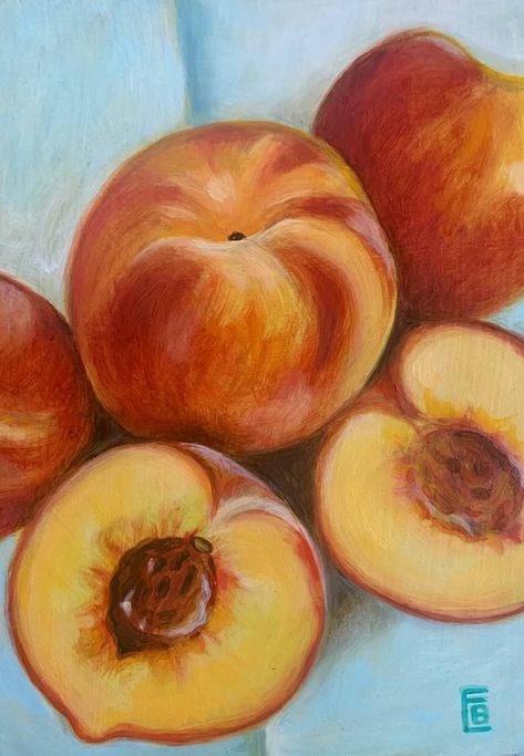 Fruit Paintings Acrylic, Peach Oil Painting, Fruit Painting Acrylic Easy, Painting Ideas Realism, Paint Aesthetic Ideas, Peach Painting Acrylic, Food Painting Ideas, Fruit Painting Acrylic, Peaches Aesthetic