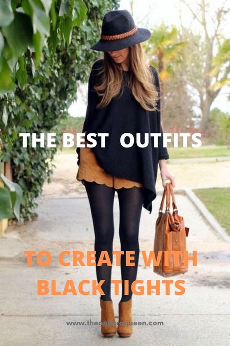 If you need some cute outfit ideas to wear with black tights, you need to check this post out. Find which boots and looks to wear with black tights this Fall. Whether you need outfit ideas for work or date night, I got you. How To Style Black Tights Outfit Ideas, Black Tights Outfit Work, Tights And Chelsea Boots Outfit, Brown Boots With Black Tights, Black Leggings Tan Boots Outfit, Outfit With Tights 2024, Black Tights With Brown Boots, Black Tights Winter Outfit, Opaque Black Tights Outfits