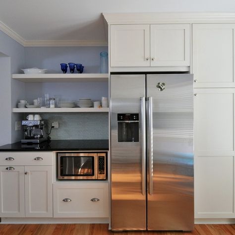 Make the refrigerator look built-in with cabinet surround Microwave Shelf, Microwave Cabinet, Refrigerator Cabinet, Microwave Drawer, Rta Kitchen Cabinets, Shaker Kitchen Cabinets, Diy Backsplash, Kabinet Dapur, Desain Pantry