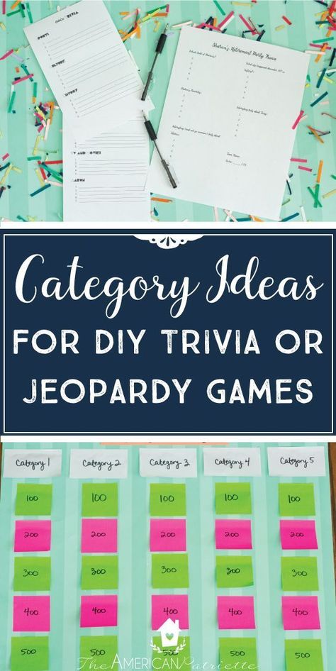 Category Ideas for DIY Trivia or Jeopardy Games, group party game ideas, fun group game ideas, fun group activity, birthday party activity ideas, fun party activities for adults Sorority Games, Trivia Games For Adults, 40th Birthday Party Games, Party Games Group, Hospitality Ideas, Homemaking Ideas, Diy Party Games, Games Group, Birthday Games For Adults