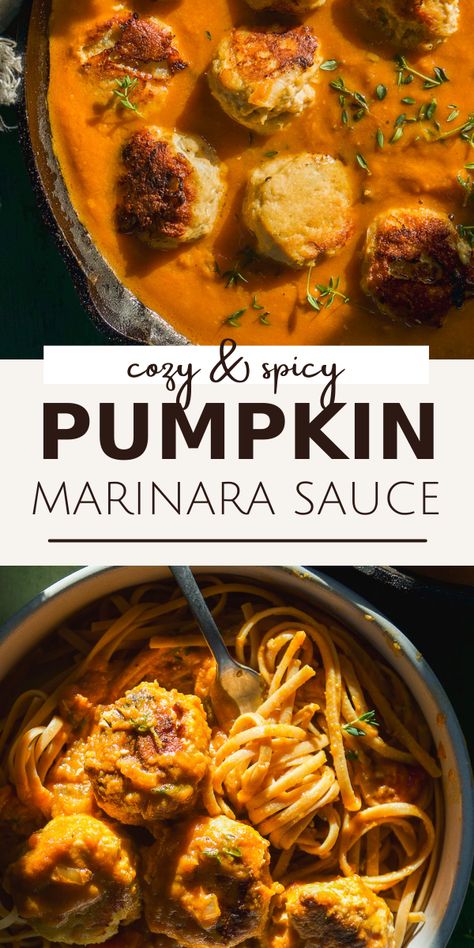 This pumpkin pasta sauce recipe is creamy, savory, and easy to make. Featuring a handful of ingredients, it’s an upgraded version of traditional marinara sauce and is fitting for the fall season. Pair it with your favorite pasta noodles and a side of turkey meatballs for a nutritious comfort food dinner no one can resist! Fall Chicken Pasta Recipes, Pumpkin Marinara Sauce, Creamy Pumpkin Pasta Sauce, Pasta Fall Recipes, Pumpkin Tomato Pasta Sauce, Vegan Pumpkin Pasta Sauce, Pumpkin Sauce For Pasta, Pumpkin Marinara, Pumpkin Dinners