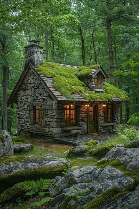 Small Stone Cottage, Fantasy Cottage, Log Cabin Rustic, Forest Cottage, Small Cottage Homes, House Interior Design Styles, Creepy Houses, New Houses, Nature Home