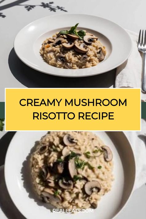 Creamy mushroom risotto garnished with herbs on a white plate. Creamy Mushroom Risotto, Mushroom Risotto Recipes, Mushroom Rice, Risotto Recipe, Arborio Rice, Cozy Evening, Vegan Alternatives, Mushroom Risotto, Risotto Recipes