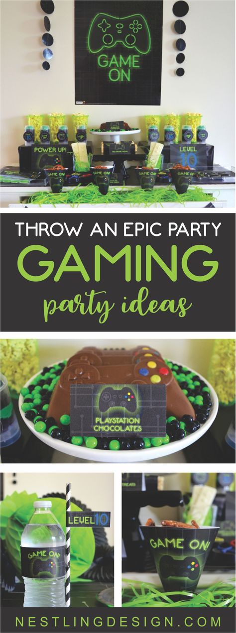 Epic Gaming Party Ideas | NestlingDesign.com Gaming Party Ideas, Xbox Birthday Party, Playstation Party, Xbox Party, Birthday Party Ideas For Boys, Boy Sleepover, Game Truck Party, Gaming Party, Video Games Birthday Party