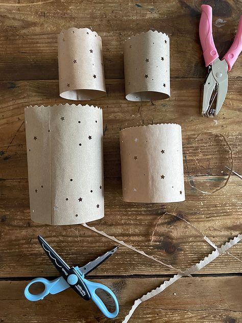 Paper bag luminaries using decorative scissors and star paper punch Paper Bag Luminaries, Decorative Scissors, Paper Luminaries, Paper Bag Lanterns, Luminary Diy, Cold Starbucks Drinks, Brown Paper Bags, Small Paper Bags, Pinwheels Paper