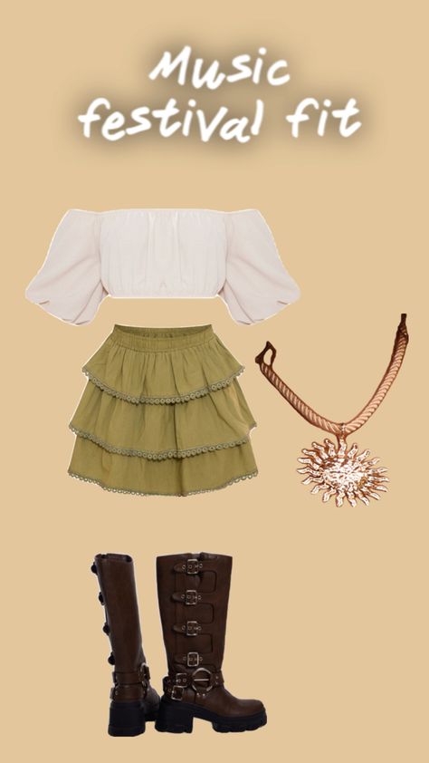 Boho, boho fits, boho aesthetic, boots, green skirt, flowy top, white top, summer outfit, festival outfit, music festival outfit, concert outfit, brown boots, sun necklace, jewelry, gold jewelry, summer outfit Aesthetic Boots, Outfit Concert, Boho Fits, Outfit Brown, Skirt Flowy, Outfit Festival, Sun Necklace, Music Festival Outfit, Jewelry Summer