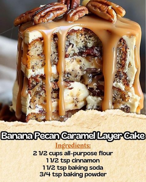 Marion's Amazing Catering LLC | Banana Pecan Caramel Layer Cake 🍌🍰 | Facebook Banana Caramel Pecan Cake, Banana Pecan Cake, Banana Pecan Caramel Cake, Southern Pecan Caramel Cake, Banana Pecan Caramel Layer Cake, Pecan Cake Recipes, Florida Thanksgiving, Banana Cake With Caramel, Banana Caramel Cake