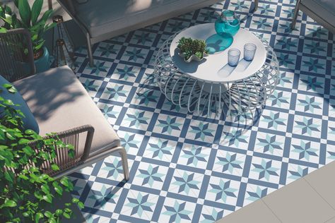 Add contrast to your garden with colourful tiles, like the Hanoi Star Blue Tiles, £18.99 per sqm, from Tile Mountain... read more | #homedesign #interiorinspo #renovation #homedecorideas #dreamhome #homedecor #homeremodel #interiordesign #indooroutdoor #outdoors #gardendecor #decoratingideas #mediterraneanstyle #indooroutdoorliving #kbbmag Blue Floor Tile, Greek Garden, Terrace Tiles, Garden Tiles, Luxury Tile, Patio Tiles, Blue Floor, Colourful Tile, Tile Trends