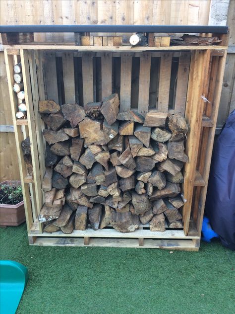 EASY PALLET LOG STORE FUNKY COOL UK Diy Wood Store Outdoor, Pallet Firewood Rack, Pallet Wood Store, Pallet Log Store Diy, Pallet Log Store, Pallet Woodstore, Pallet Firewood Storage, Log Store Ideas, Diy Log Store