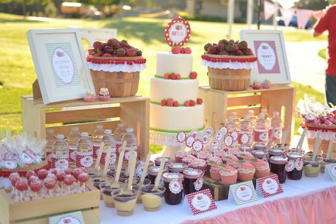 Strawberry Picnic Party with REALLY CUTE IDEAS via Kara's Party Ideas | The sweets table Picnic Party Ideas, Summer Picnic Party, Strawberry Picnic, Picnic Birthday Party, Strawberry Shortcake Party, Picnic Theme, Sweets Table, Picnic Decorations, Strawberry Party