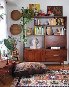 Eclectic Bookshelf, Mcm Cabinet, Boho Chic Interior Design, Bookshelf Diy, Styling Bookshelves, Elegant Styling, Bookshelf Plans, Exterior House Colors Combinations, 70s Decor