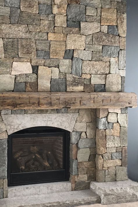 Rock Fireplace With Mantle, Rock Hearth Fireplace, Rock Veneer Fireplace, Stone For Fireplace Surround, Craftsman Stone Fireplace, Drystack Stone Fireplace, Raised Hearth Fireplace Ideas, Rock Mantle, Dry Stack Stone Fireplace