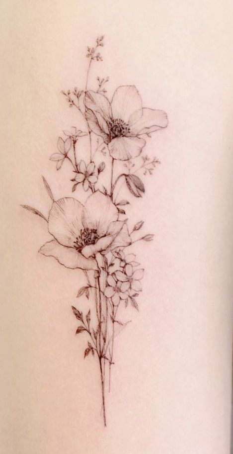 Realistic Wild Flower Tattoo, Elegant Womens Tattoos, Light And Airy Tattoo, Wild Flower Tattoos For Women, Poppy Spine Tattoo, Wildflower Tattoo Ribs, Botanical Tattoo Vintage, Fineline Tattoo Ideas, Dainty Flower Tattoos