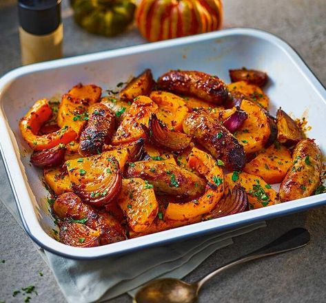 Smoky sausage & squash traybake — BBC Good Food Sausage And Squash, Sausage Squash, Family Nutrition, Dinner Entrees, Vegetable Puree, Bbc Good Food Recipes, Food Magazine, Sausage Recipes, Caramelized Onions