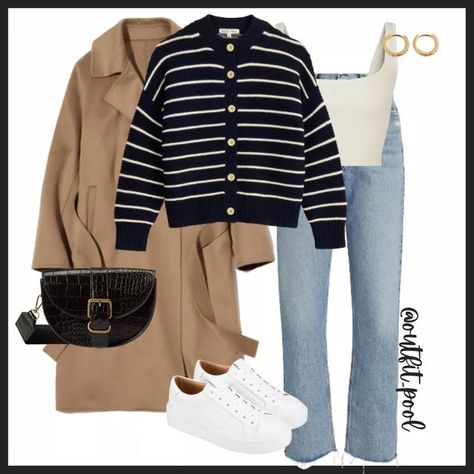 Stripped Jeans Outfit, Stripped Sweater Outfits Winter, Stripped Sweater Outfits, Winter Cardigan Outfit, Camel Coat Outfit, Casual Spring Outfit, Pool Outfits, Striped Tops, Winter Sweater Outfits