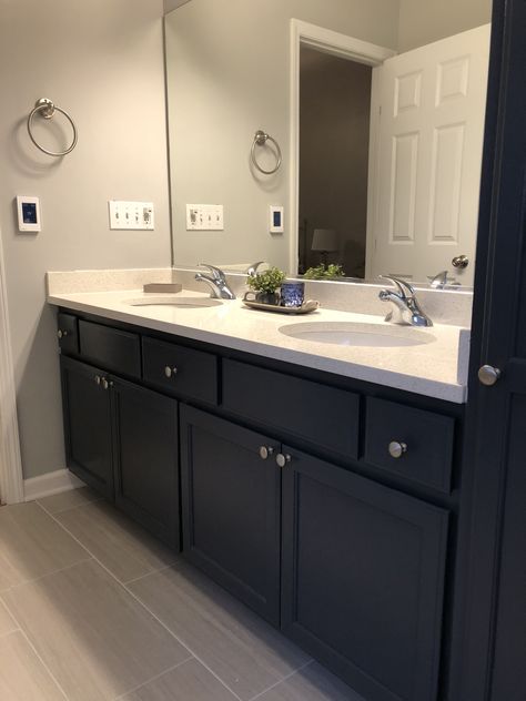 Master Bathroom remodel, Hale Navy by Benjamin Moore cabinets, Stonington Gray walls Hale Navy Cabinets Bathroom, Navy And Gray Bathroom, Small Bathroom Remodel Black, Hale Navy Cabinets, Bathroom Remodel Black, 1950s Bathroom Remodel, Teen Bathroom, Salon Makeover, Inexpensive Bathroom Remodel