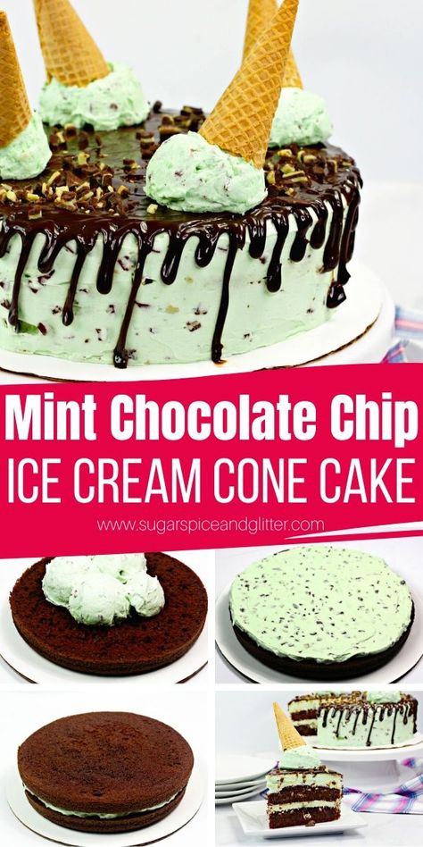 Homemade Mint Chocolate Chip Ice Cream Cake, Mint Chocolate Chip Ice Cream Cake Easy, Chocolate Mint Ice Cream Cake, Diy Ice Cream Cupcakes, Mint Oreo Ice Cream Cake, Melted Ice Cream Cone Cake, Mint Chip Ice Cream Cake, Mint Ice Cream Cake Recipe, Mint Ice Cream Cake