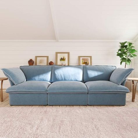 Softspot Modular Sofa 3-Seater Navy Sofa Sectional, Medium Size Sectional Sofa, Playroom Nook, Light Blue Couch, California Bungalow Interior, Conversational Seating, Light Blue Couches, Velvet Modular Sofa, Blue Velvet Couch