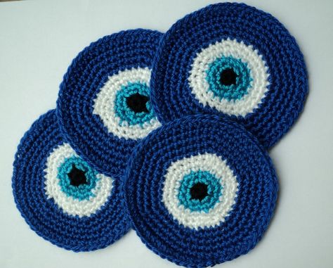 EVIL EYE crochet coaster set Eye Crochet, Crochet Granny Square Afghan, شال كروشيه, Crochet Eyes, Beginner Crochet Tutorial, Crochet Coaster Pattern, Crochet Basket Pattern, Fun Crochet Projects, Crochet Applique