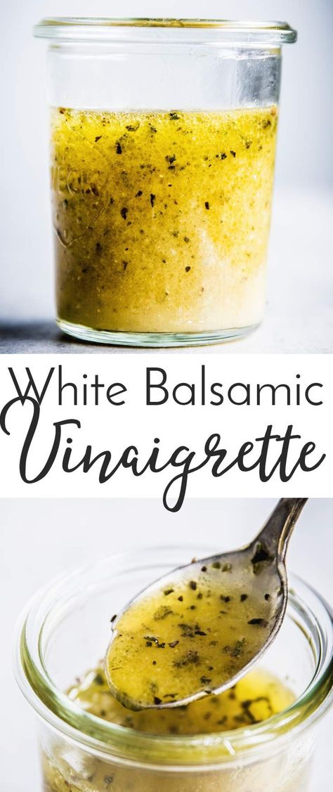 This White Balsamic Vinaigrette is a delicious homemade salad dressing you can whip up in less than 5 minutes! It tastes so much better than store-bought - make a large batch and keep it in the fridge for easy meal prep! | #salad #dressing #saladdressing White Balsamic Dressing, Salad Vinaigrette, Balsamic Salad, White Balsamic Vinaigrette, Balsamic Vinaigrette Recipe, Balsamic Vinaigrette Dressing, White Balsamic, Easy Salad Dressing, Salad Dressing Recipes Homemade