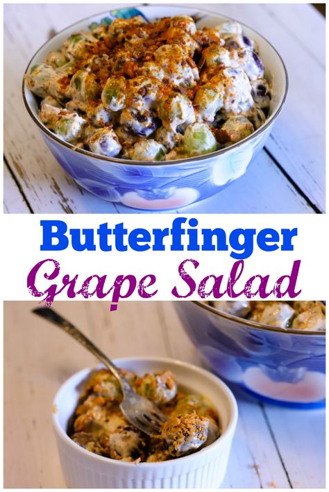 Butterfinger Grape Salad - Food and Festivities Grape Salad With Cream Cheese Butterfinger, Grape Salad Recipe Butterfinger, Grape Deserts, Grape Recipes Ideas, Grape Dessert Recipes, Grape Dessert, Grape Salad Recipe, Grape Recipes, Grape Salad