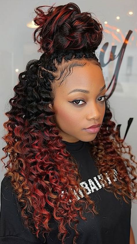 25 Crochet Hairstyles: Crafted Elegance for Every Head Half Up Half Down Crochet Braids, Half Up Crochet Braid Styles, Burgundy Crochet Hairstyles, Braids For Formal Events, Crotchet Braids Pattern Hair, Human Hair Crochet Styles, Braids And Crochet Hairstyles Half, Braiding Pattern For Crochet Braids, Half Up Half Down Crochet Hairstyles