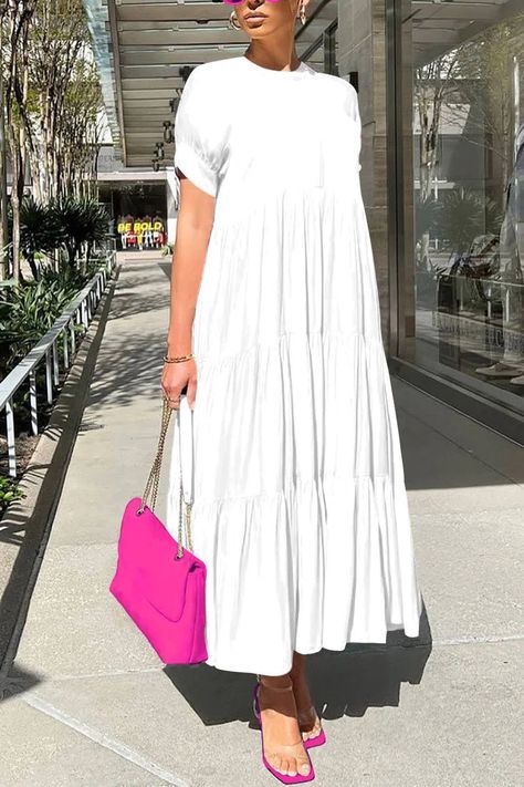 Xpluswear Plus Size White Casual Round Neck With Pocket Wrap Maxi Dress Long Sleeve Ruffle Dress, Loose Maxi Dress, Ruffle Midi Dress, Style Upgrade, Maxi Robes, Round Neck Dresses, Dresses Dresses, Straight Dress, Midi Short Sleeve Dress