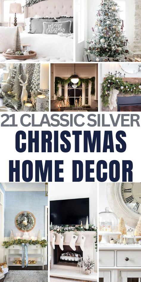 Elevate your holiday style with Classic Silver Christmas Home Decor Ideas! 🎄✨ Use shimmering silver ornaments, metallic garlands, and sparkling candles for a timeless look. Pair with white and greenery for an elegant and festive atmosphere! ❄️💫 #SilverChristmas #TimelessDecor #ElegantHoliday Christmas Decor For Grey Living Room, Gray And White Christmas Decor, White And Silver Christmas Decorations, Silver Gold Christmas Decorations, Icy Aesthetic, White Silver Christmas, Silver Christmas Decor, Silver Gold Christmas, Christmas Glam