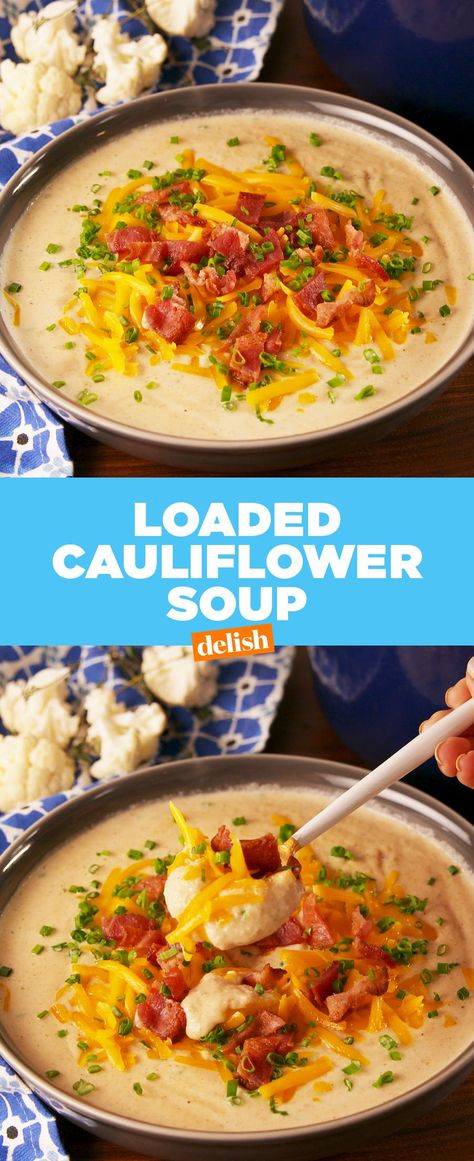 Loaded Cauliflower SoupDelish Loaded Cauliflower Soup, Healthy Potato, Loaded Cauliflower, Healthy Potatoes, Cauliflower Soup Recipes, Soup Healthy, Keto Soup, Low Carb Soup, Cauliflower Soup