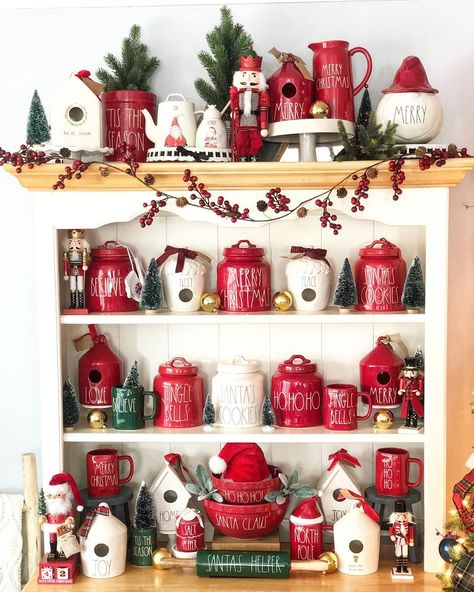 Christmas Rae Dunn Display, Rae Dunn Hutch Display, Christmas Hutch Decor, Rae Dunn Coffee Bar, Coffee Bar Display, Christmas Hutch, To My Dear Friend, Christmas Diorama, Rae Dunn Christmas