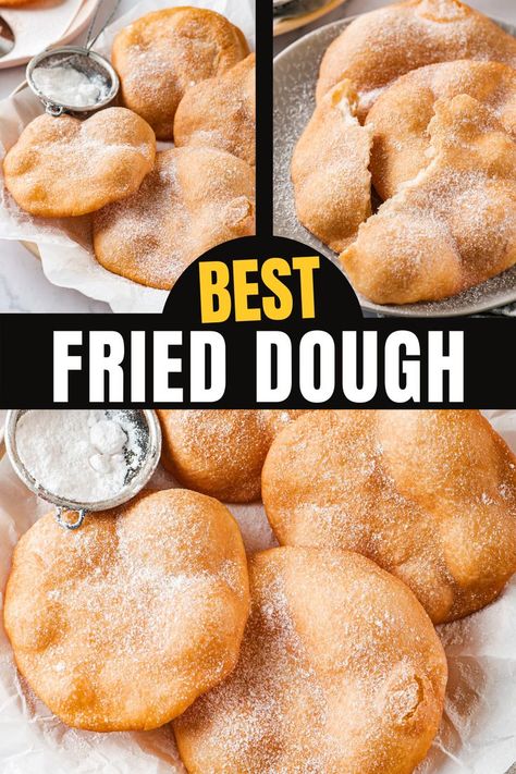 This fried dough recipe is so easy to make and tastes like it's straight from the fair! The fried dough is super crispy and crunchy on the outside, while being light and airy on the inside. Fried Yeast Rolls, Fried Dough Desserts, Things To Make With Bread Flour, Pizza Dough Fried Dough, Biscuits Dough Recipes, Dessert Dough Recipes, Elephant Ear Fried Dough, Fry Bread With Yeast, Fried Pastry Dough