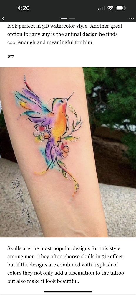 Watercolor Hummingbird Tattoo, Tattoos Memorial, Hummingbird Tattoo Watercolor, Hummingbird Flower Tattoos, Tattoo Colors, Tattoos Pretty, Best Watercolor, Watercolor Hummingbird, Tattoos For Women Flowers