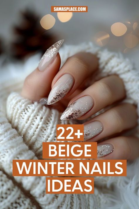 These almond-shaped nails showcase a gradient of beige fading into fine glitter at the tips, creating a subtle, snow-like effect that’s ideal for winter events. Winter Nails Art, Winter Nails Ideas, Beige Nails Design, Festive Holiday Nails, Faded Nails, Snow Nails, Nails Art Ideas, Chic Nail Art, Gold Nail Designs