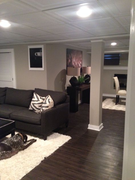 Basement remodel - love the dark floors Different ceiling tiles are nice. And the framed out post looks good. Basement Construction, Simple Paint, Small Basement Remodel, Dark Basement, Basement Inspiration, Basement Family Room, Dark Floors, Basement Apartment, Basement Makeover